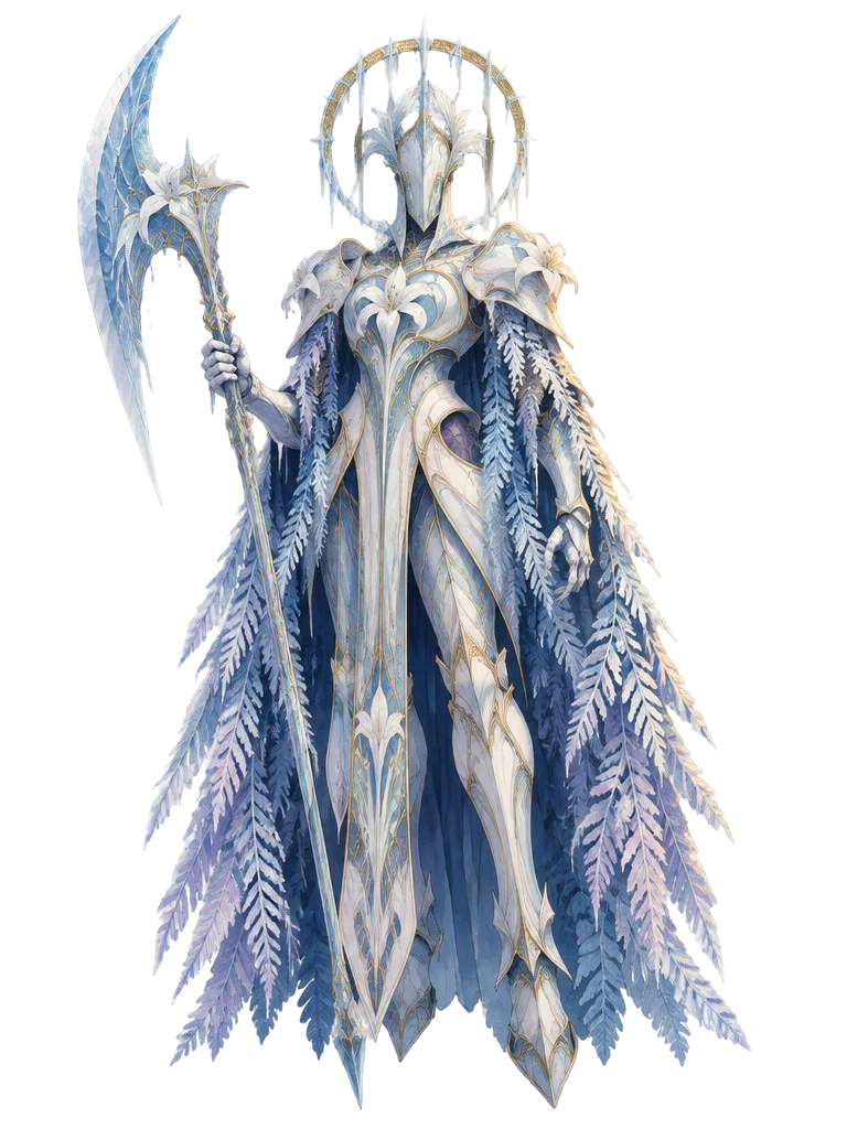 Winter Warden, penjaga raksasa dari kaca beku dan pelat email putih dengan helm tanpa wajah